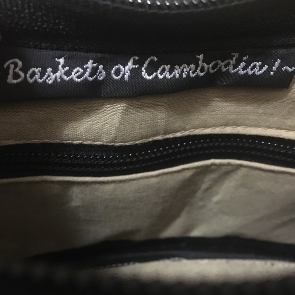 Baskets of Cambodia Woven Bamboo Purse Shoulder Bag Pink Black Detachable Staps - Picture 9 of 10